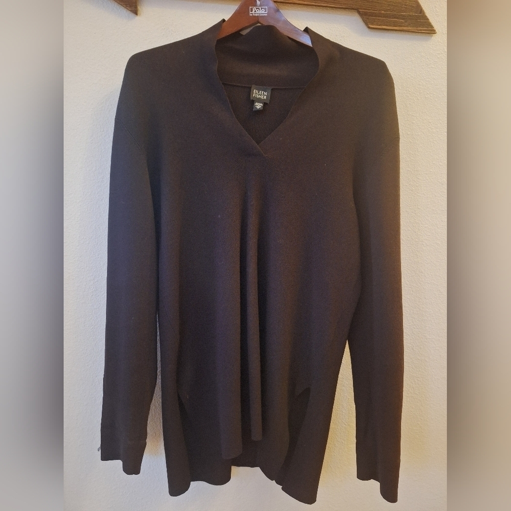EILEEN FISHER Black Vneck Top Viscose Stretch Tunic Relaxed Lagenlook Womens S - Picture 1 of 7